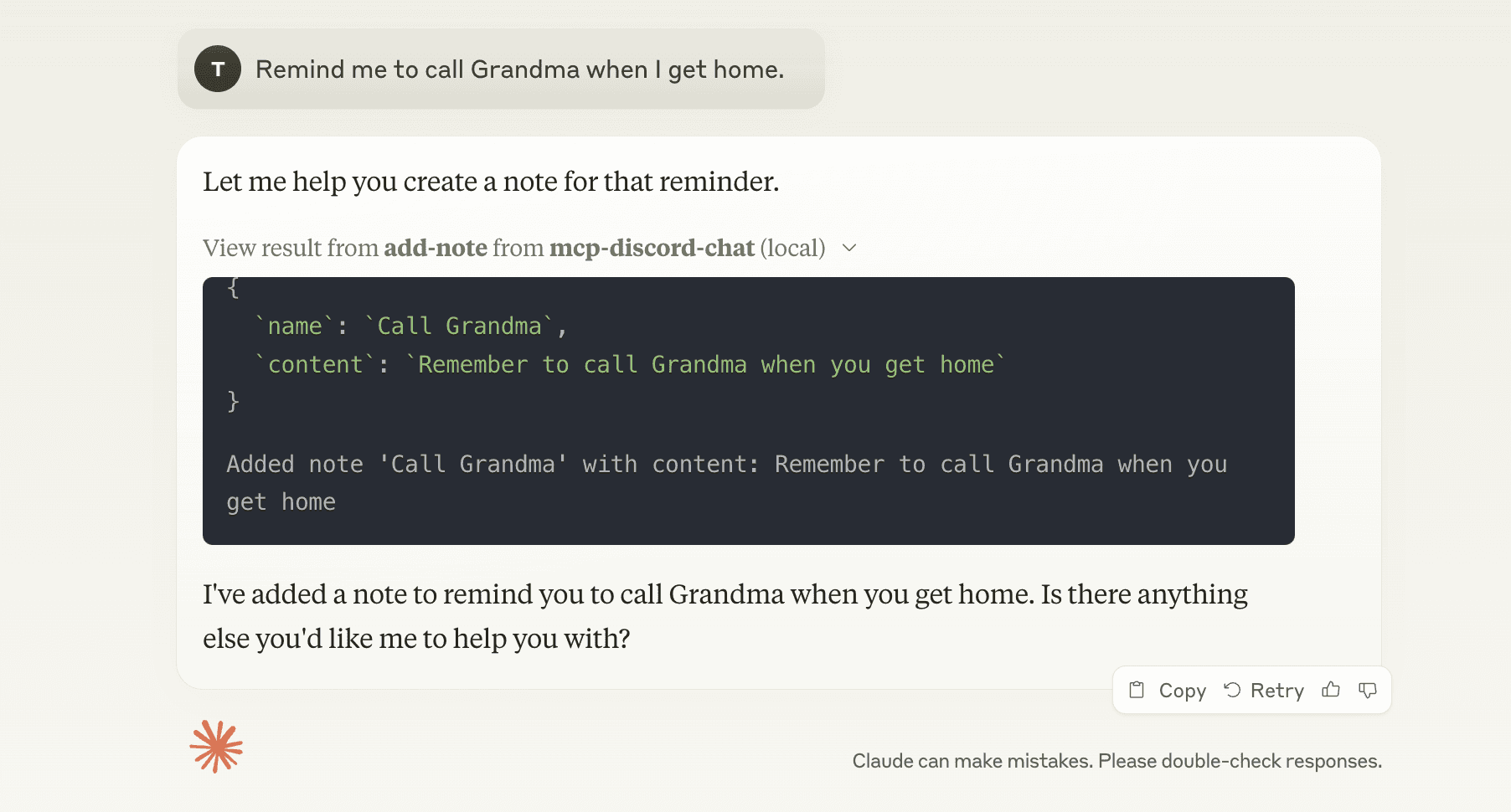 Claude.app showing the result of the Discord MCP Server tool create_note with the text "I've created a note to remind you to call Grandma when you get home. Is there anything else you'd like me to add to the note?"