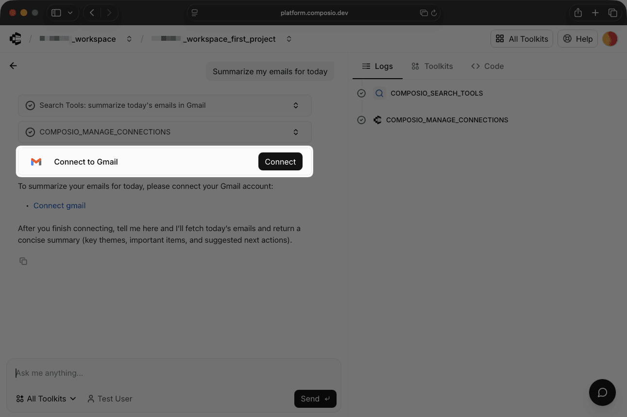 Composio chat-based authentication flow with connection link