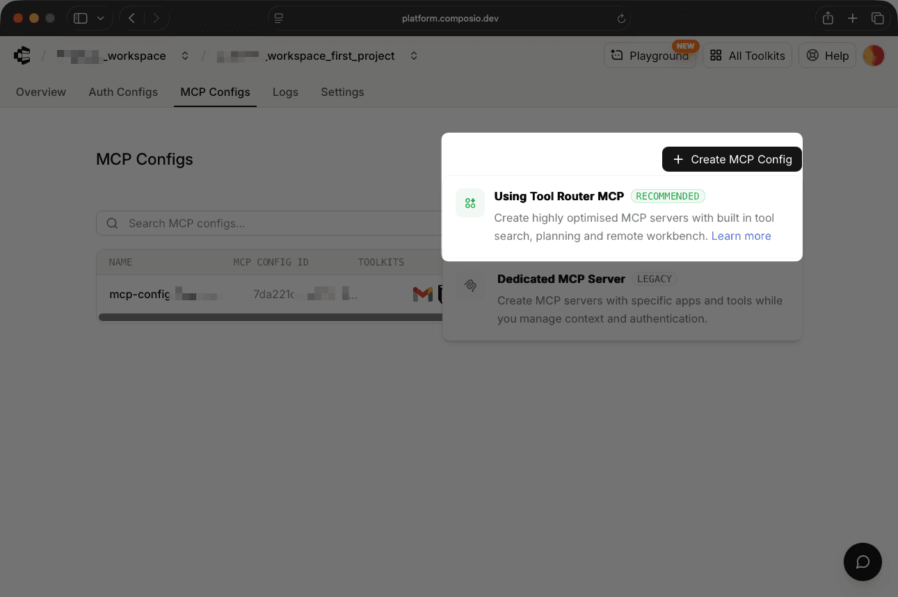 Composio MCP configuration options showing Dedicated MCP server and Tool Router MCP