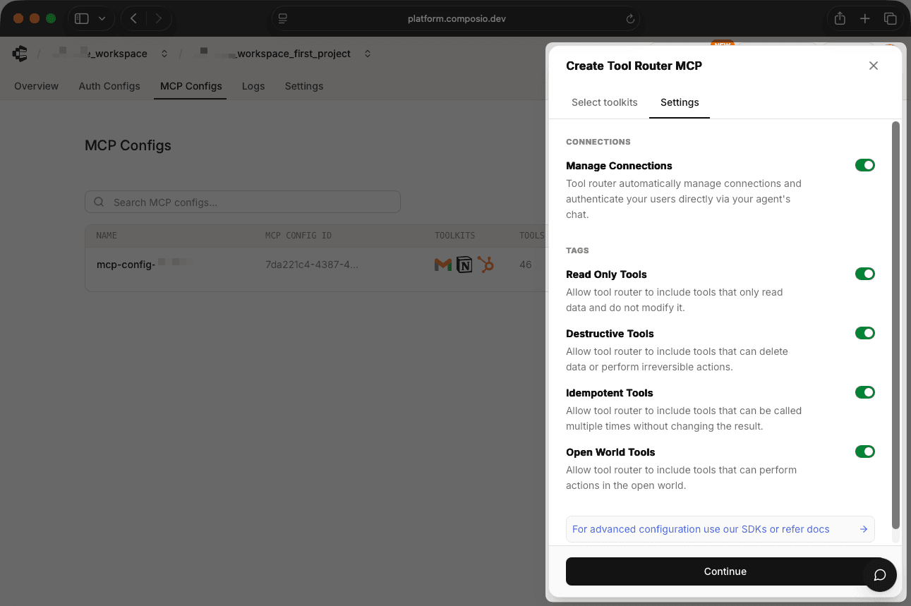Composio toolkit selection with permission controls