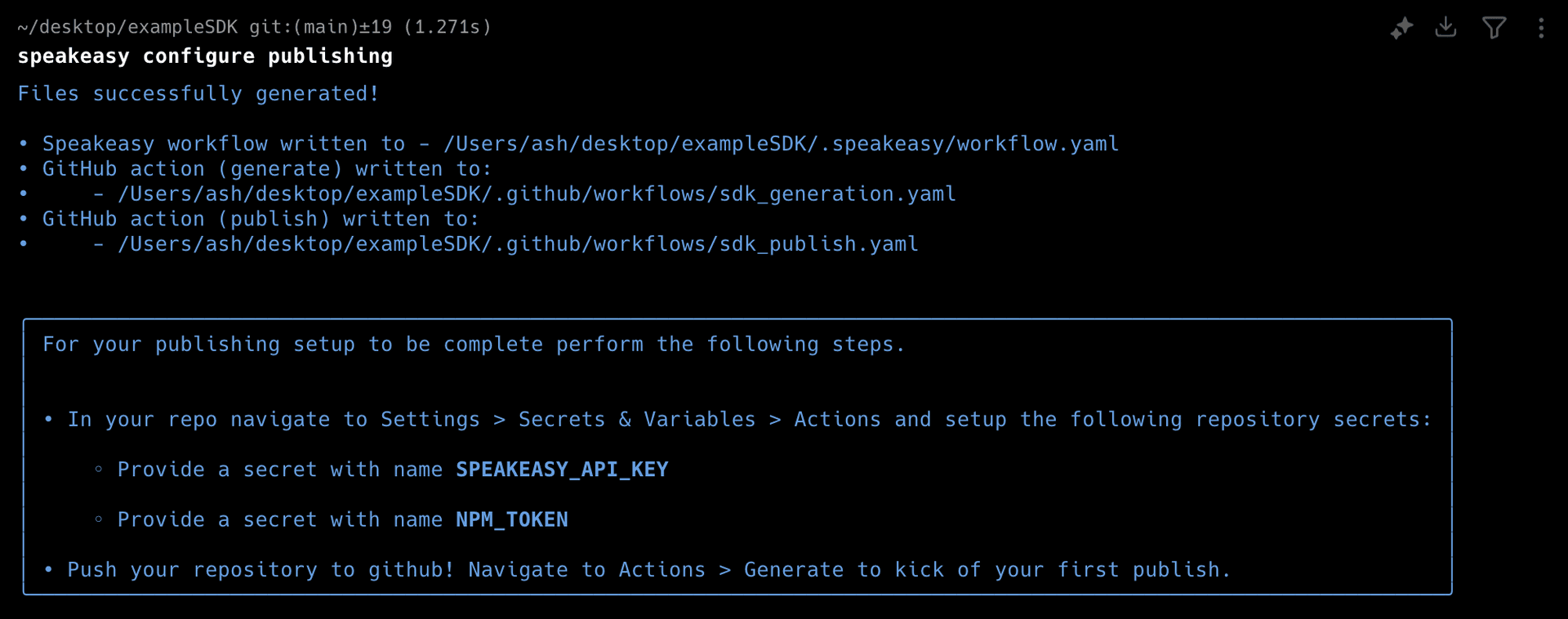 Screenshot of the terminal after running Speakeasy configure publishing.