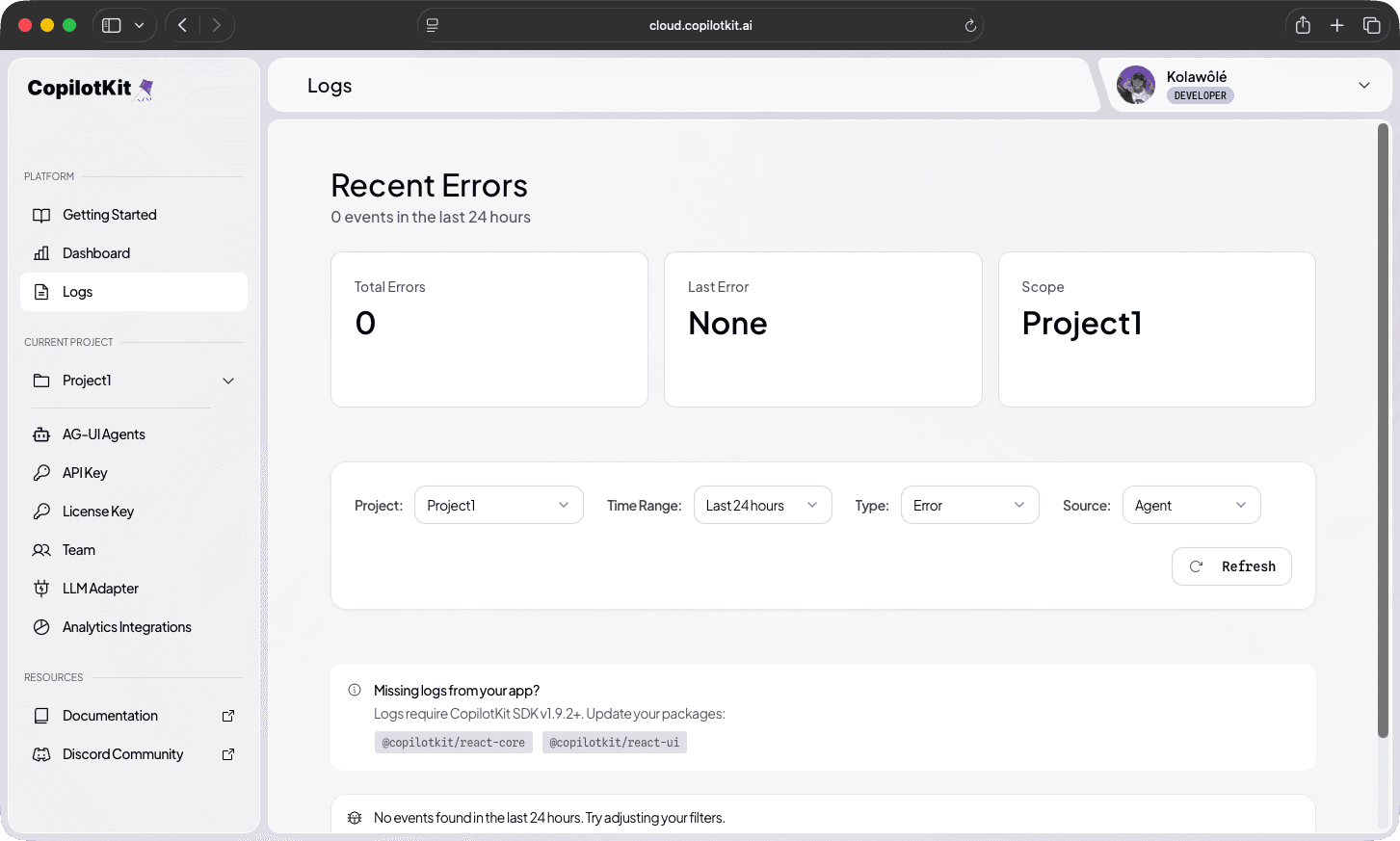 CopilotKit cloud dashboard error logs