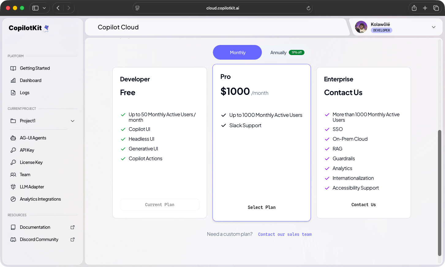 CopilotKit pricing page