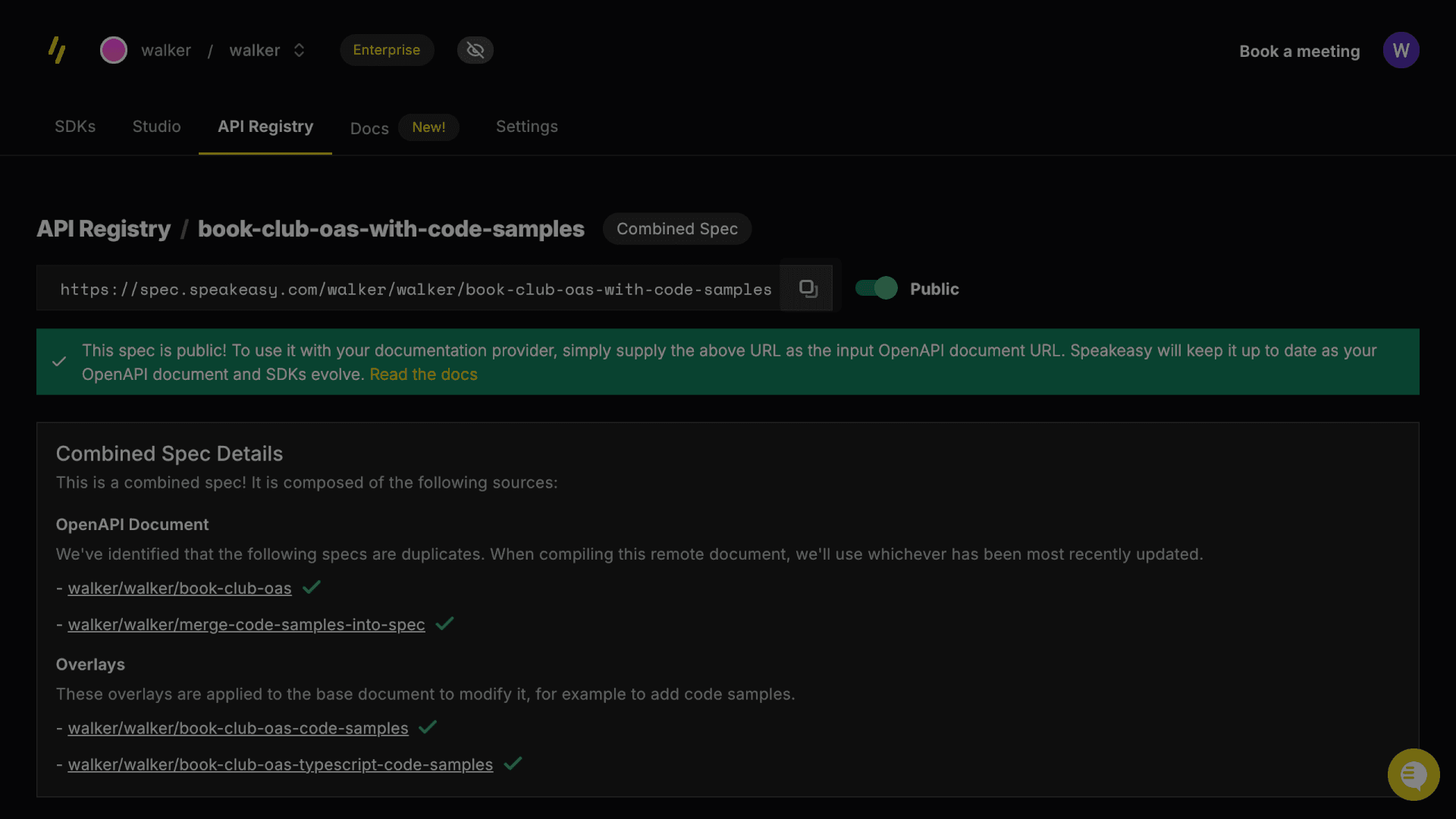 Screenshot showing the combined spec registry entry with the copy URL function highlighted
