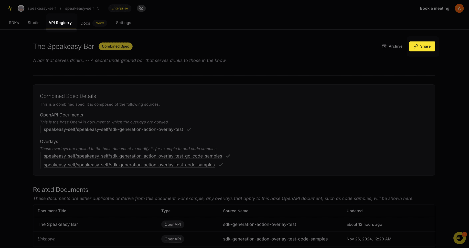 Screenshot showing the combined spec registry entry with the share function highlighted.