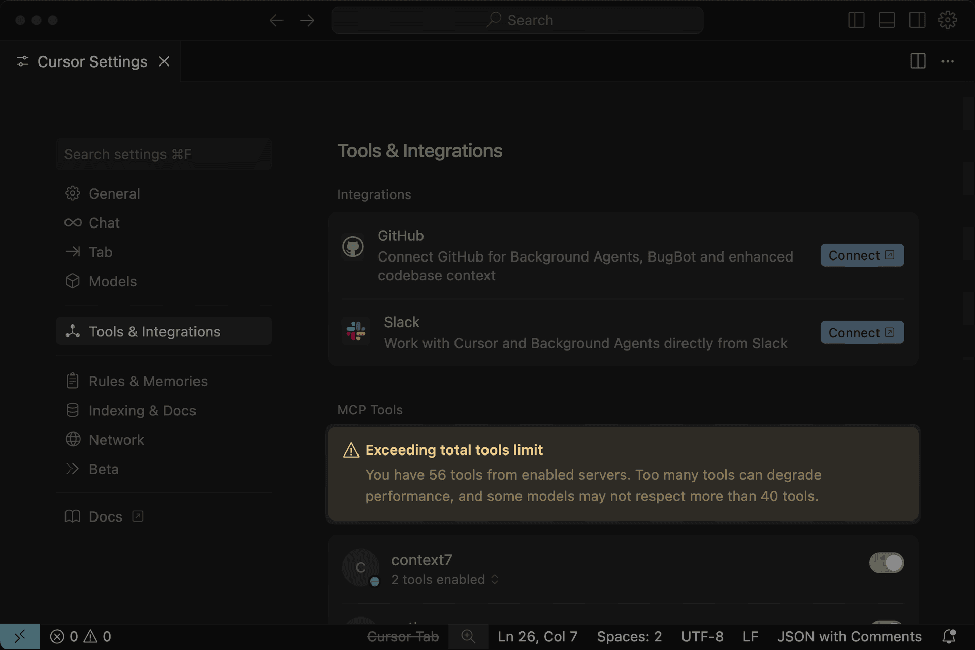 A screenshot of the Cursor Settings interface shows a warning about exceeding the total tools limit, which is quoted below.