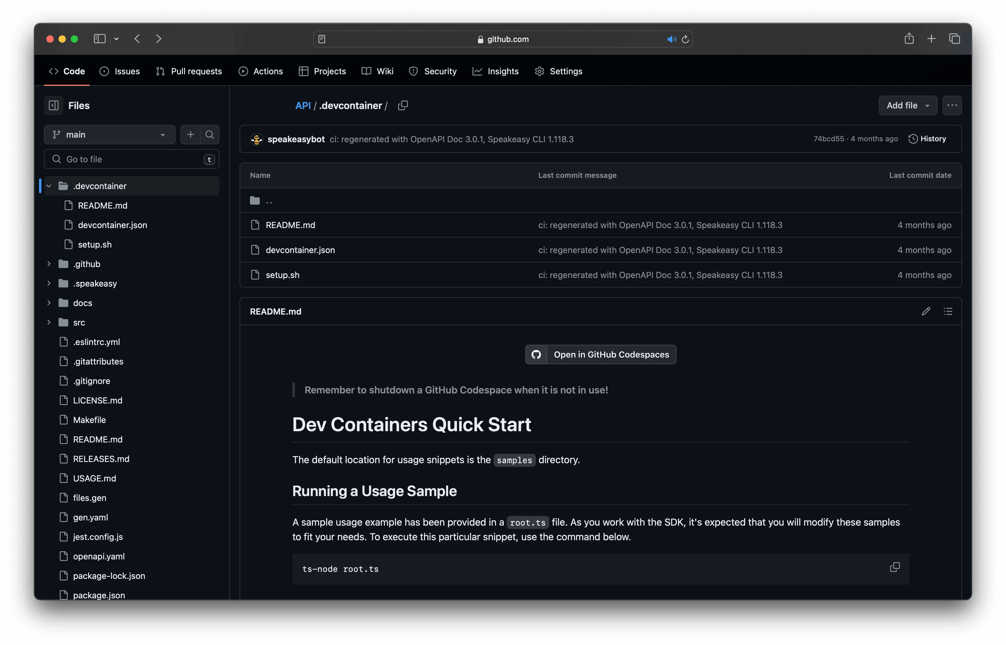 Screenshot of a README featuring a dev container badge