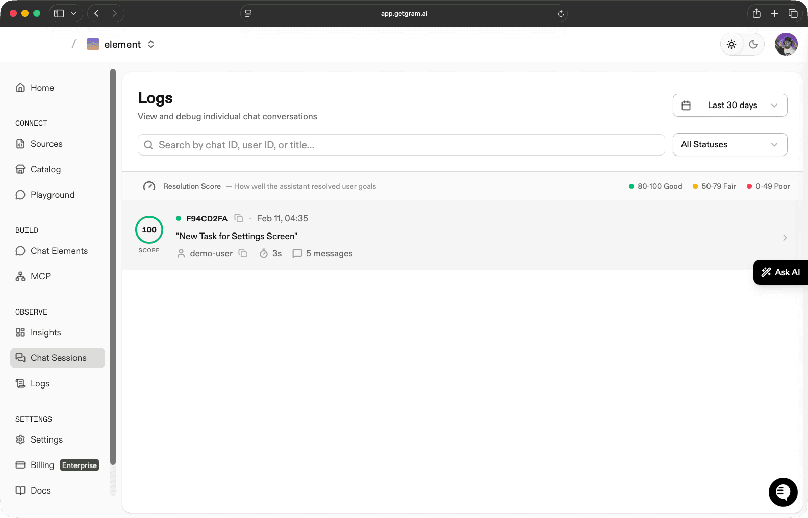 Gram chat sessions list with scores