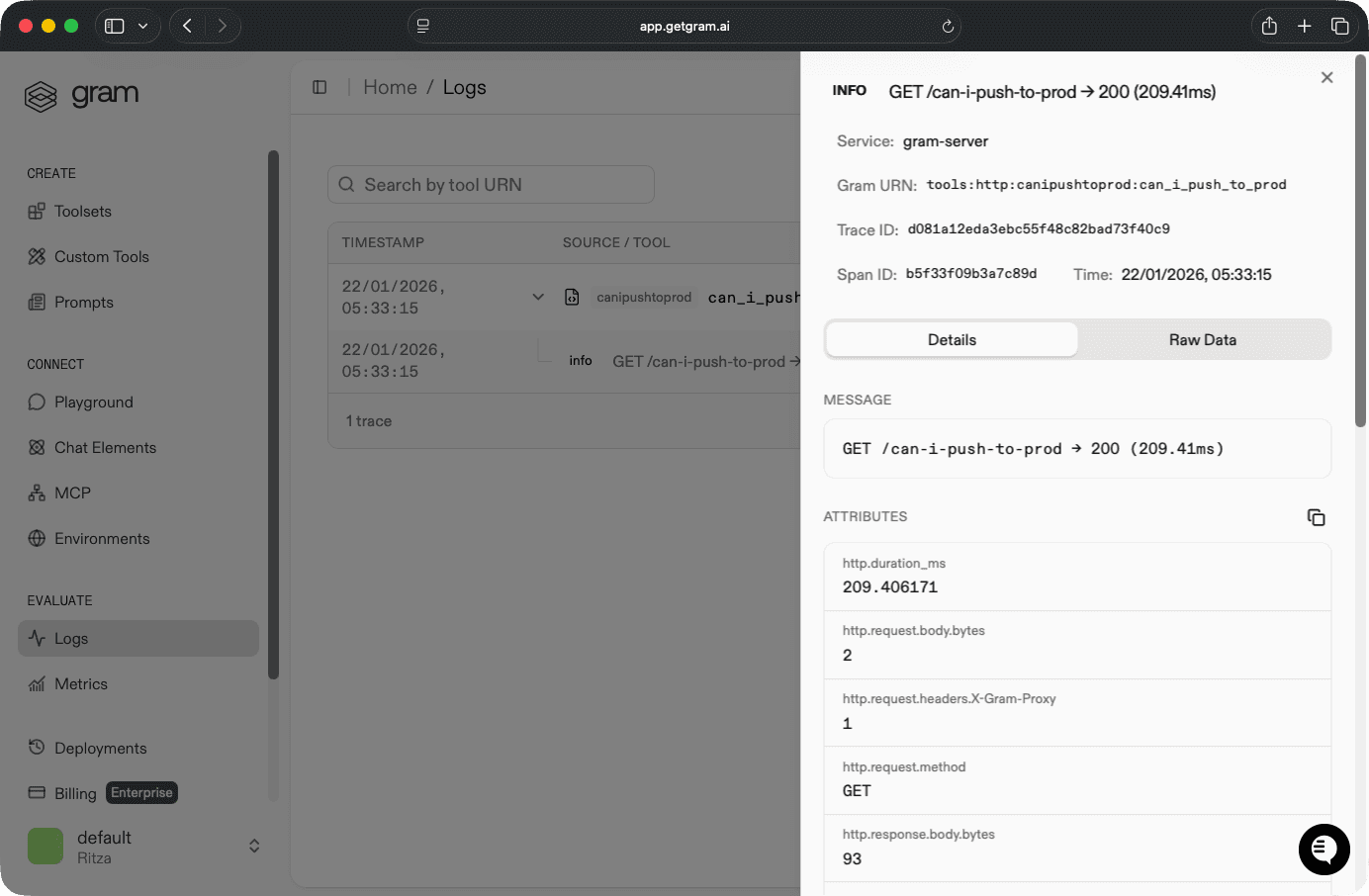 Gram log entry details showing tool call and response