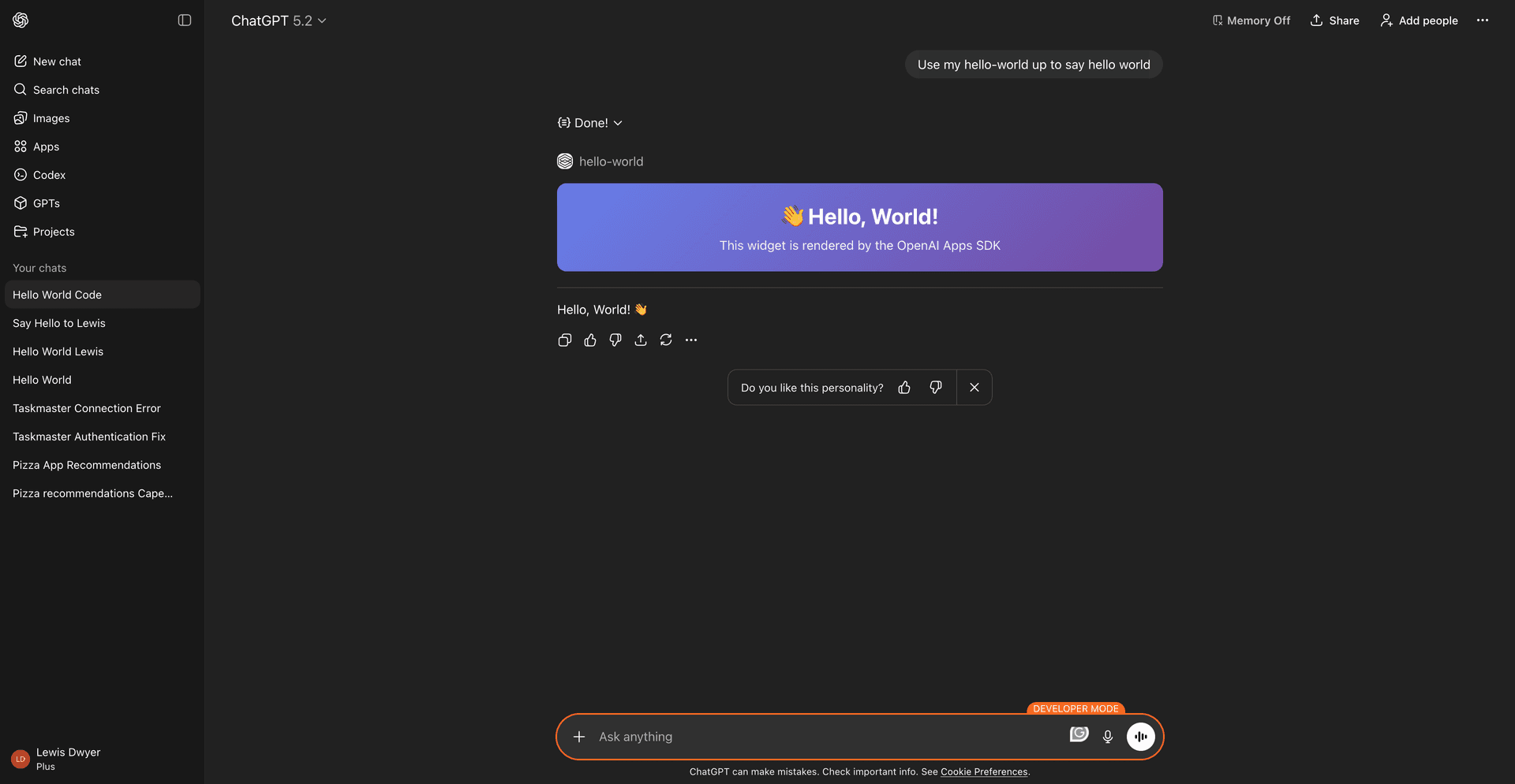 Hello World widget rendered inside ChatGPT