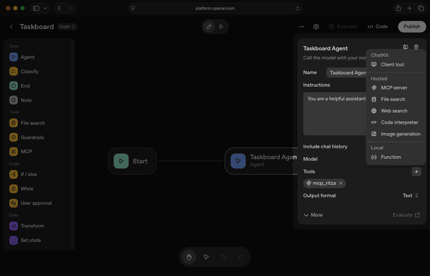 OpenAI agent node tools configuration