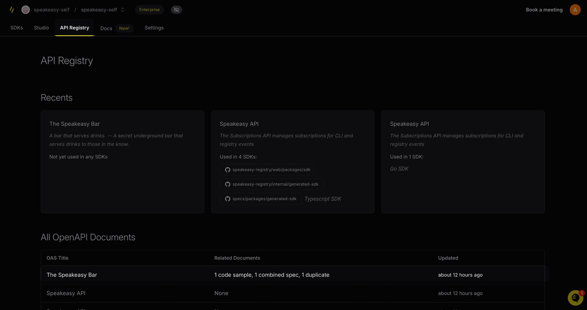 Screenshot showing the Speakeasy API Registry page