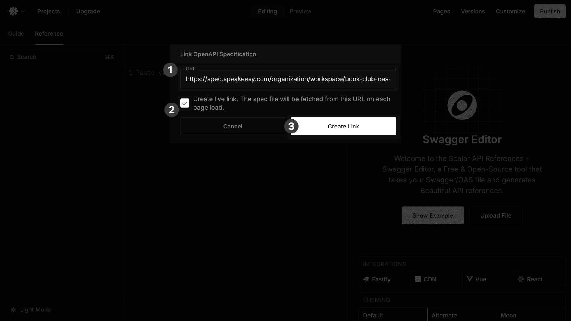 Screenshot of the Scalar page where the public URL from Speakeasy is added
