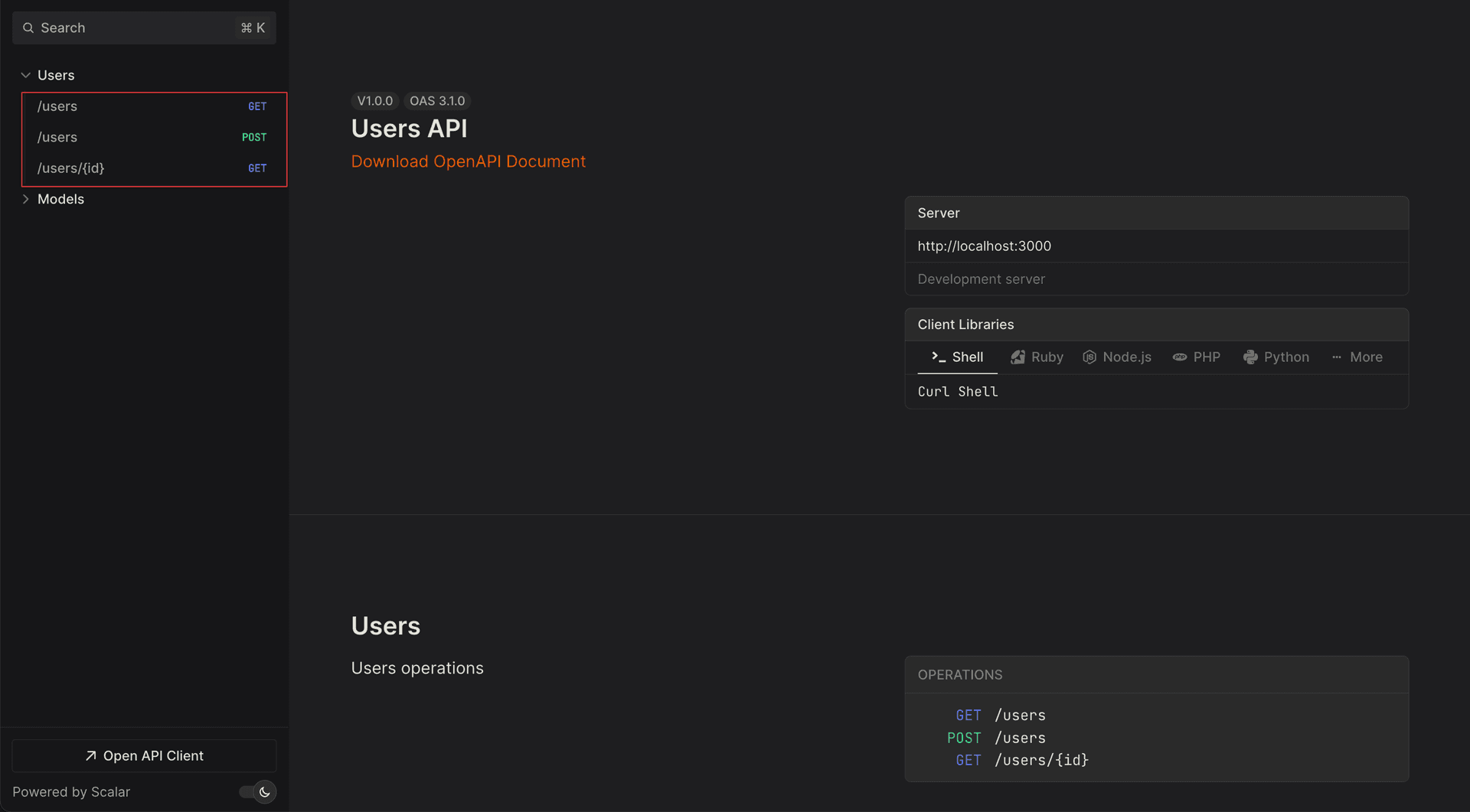 Scalar UI endpoints