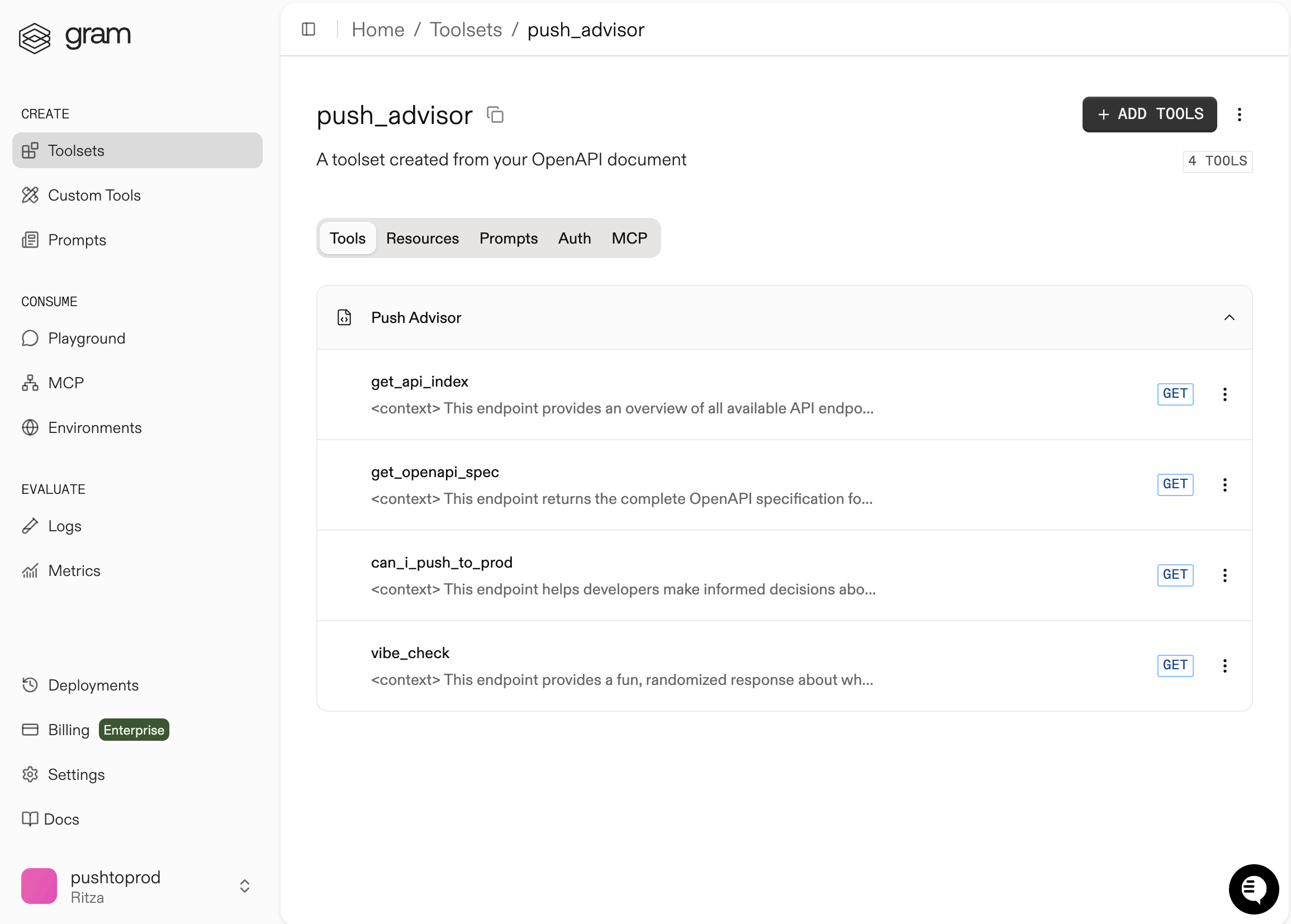 Screenshot of the Gram dashboard showing the Push Advisor toolset