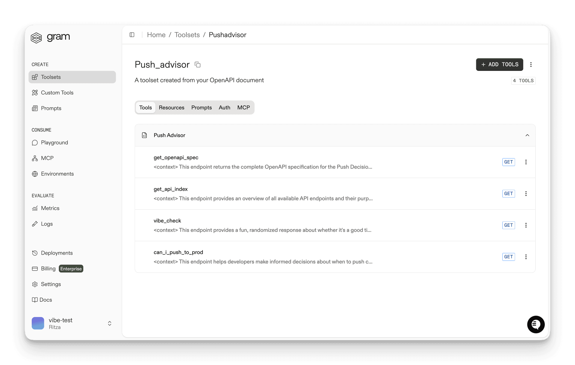 Screenshot of the Gram dashboard showing the Push Advisor toolset