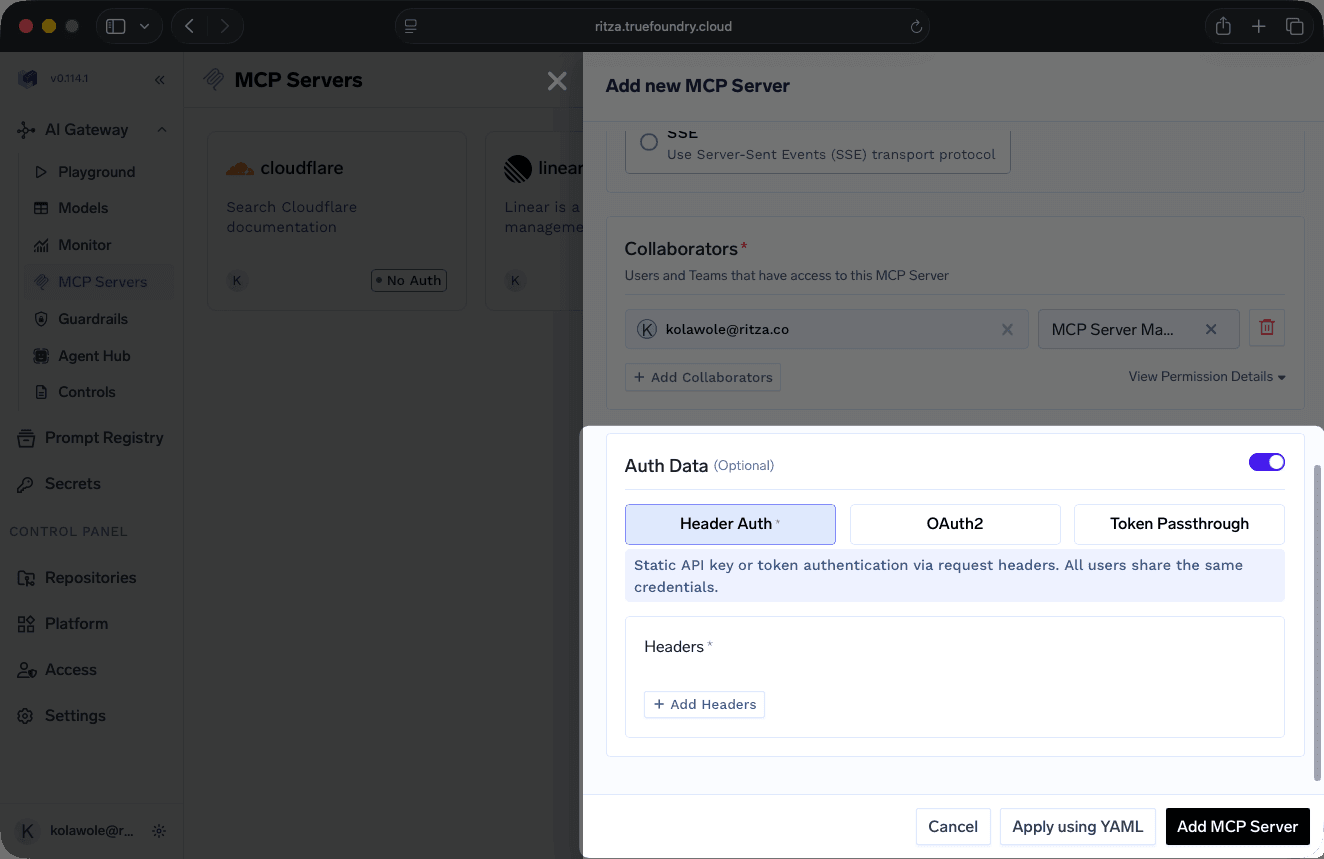 TrueFoundry remote server configuration interface