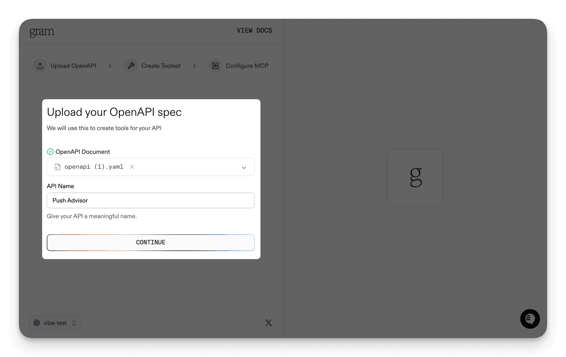 Screenshot of the upload your OpenAPI spec dialog