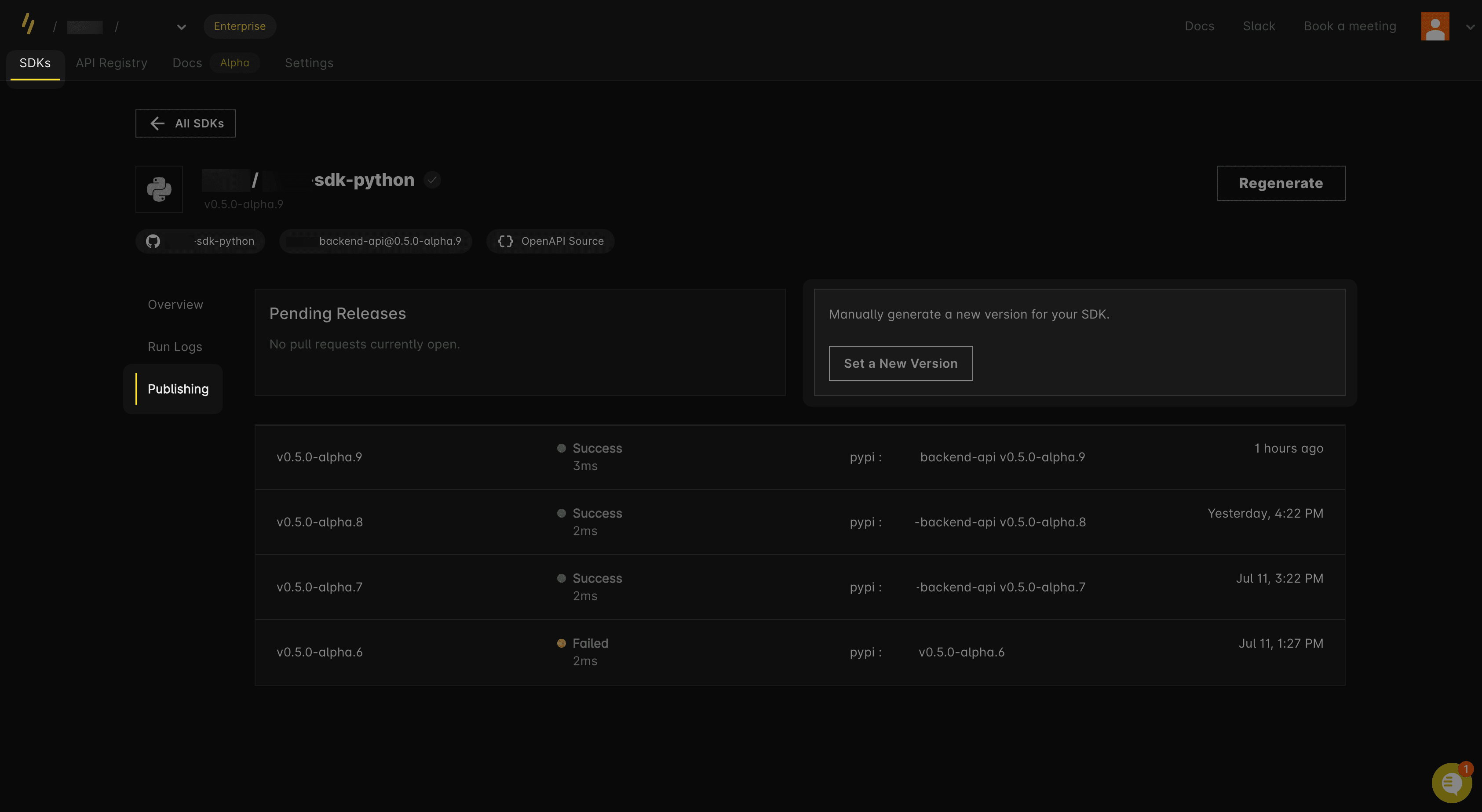 Screenshot of the Publishing tab in the Speakeasy dashboard.