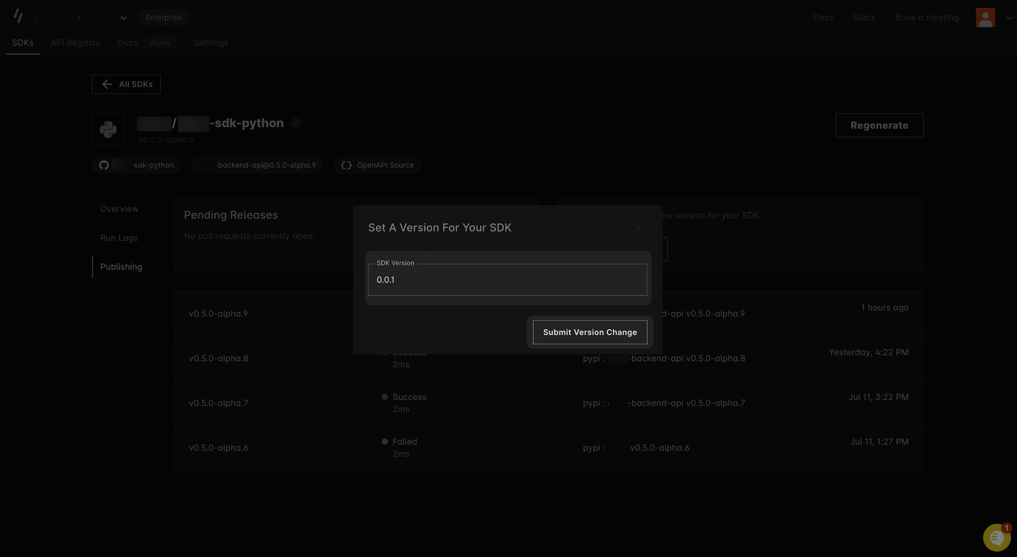 Screenshot of the version pop-up in the Speakeasy dashboard.