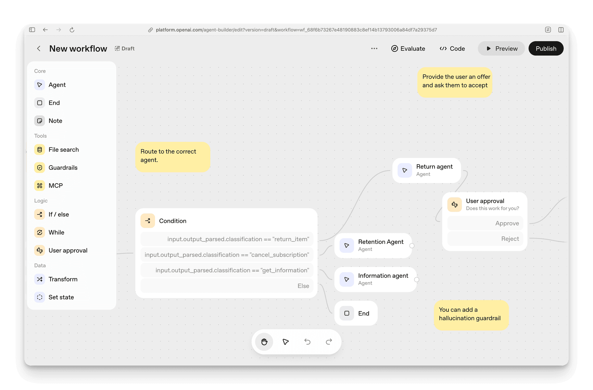 AgentKit Agent Builder interface showing drag-and-drop canvas with connected workflow nodes