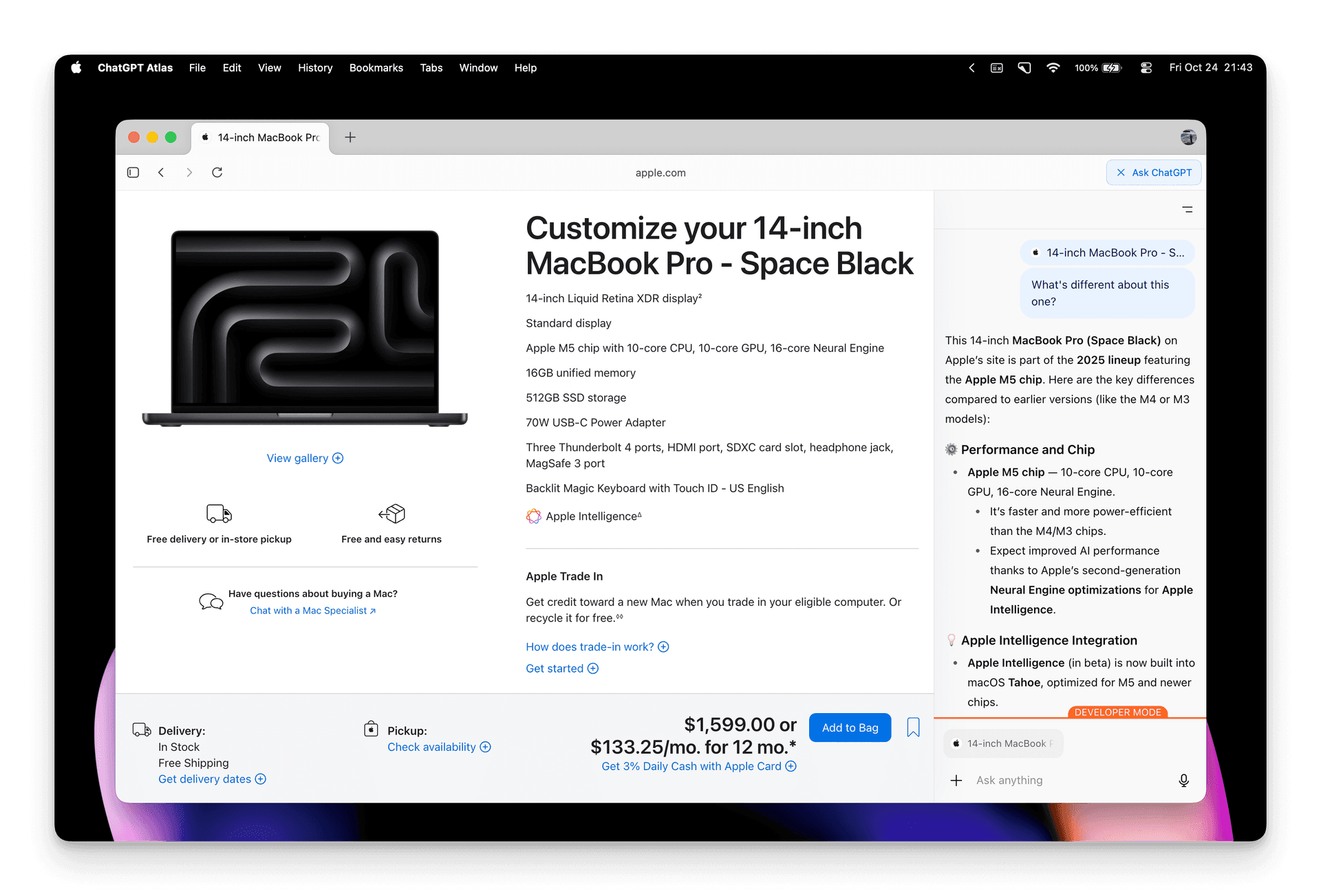ChatGPT Atlas browser interface showing integrated AI assistance while browsing