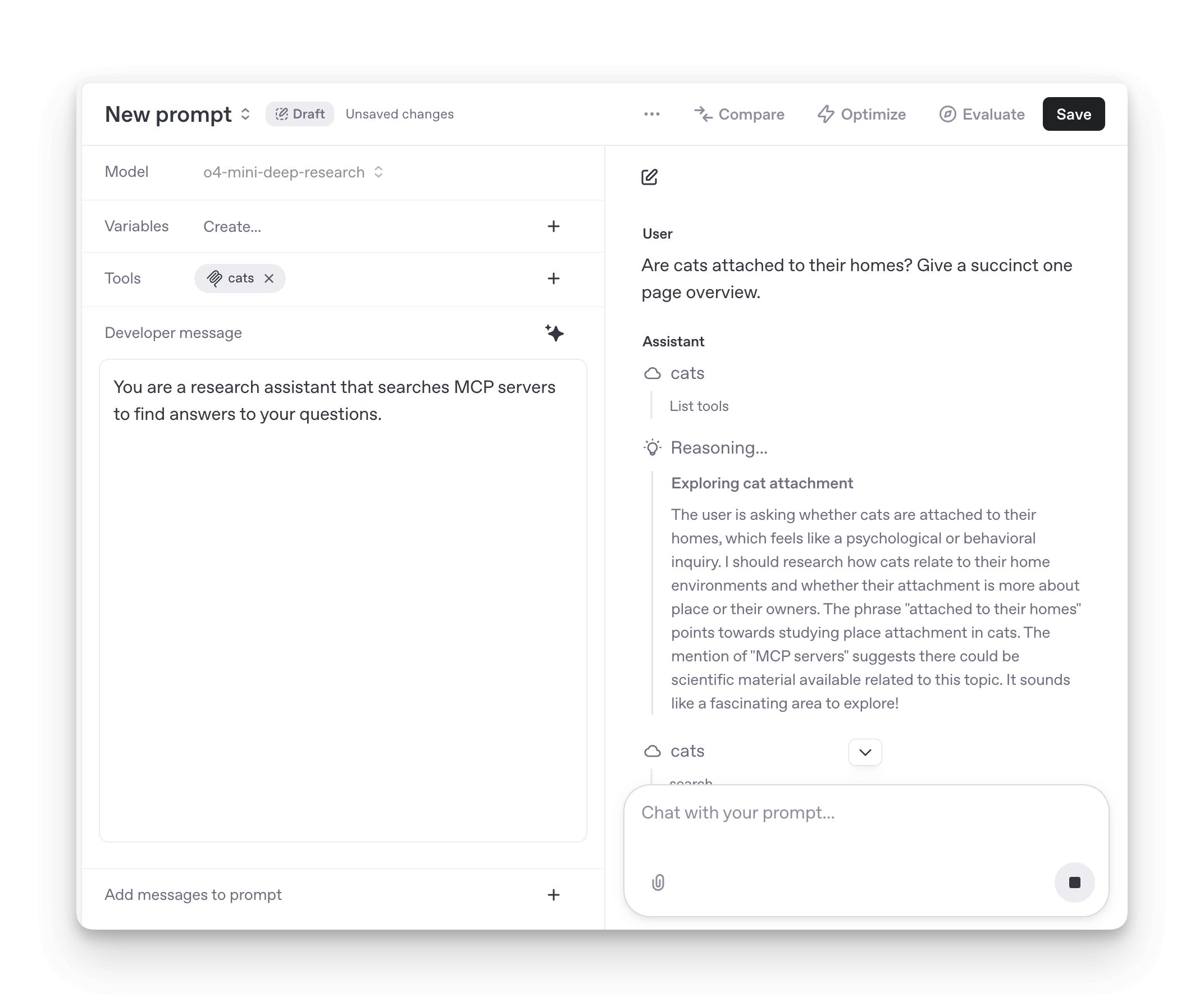Deep research with MCP integration showing comprehensive research workflow