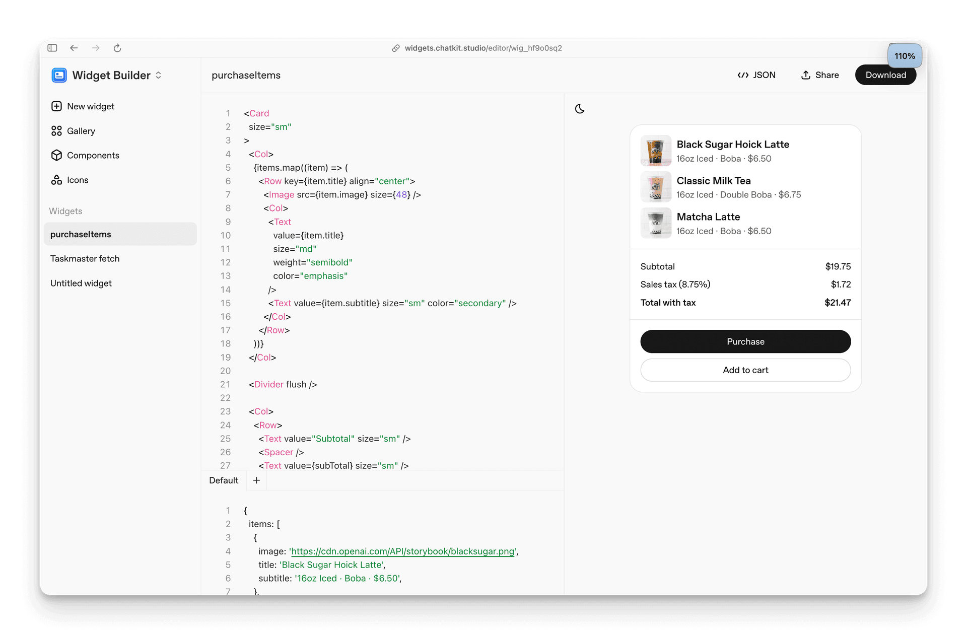 Widget Builder interface showing rich UI component creation for MCP tools