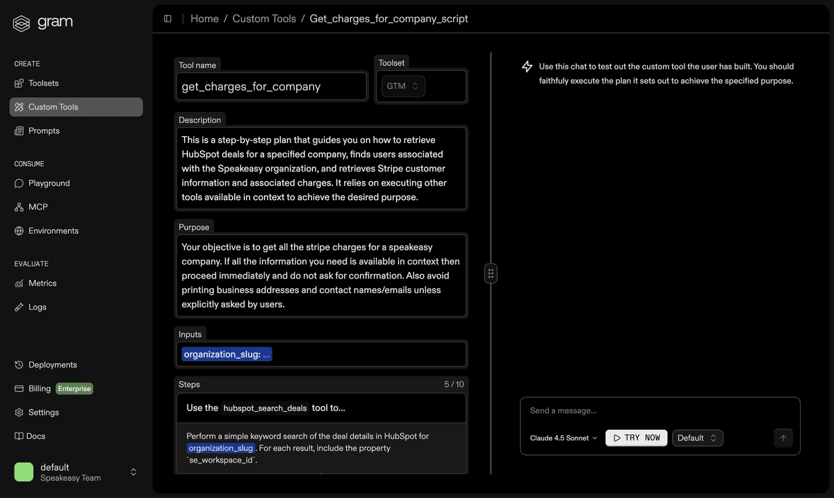 Custom tool builder showing workflow composition
