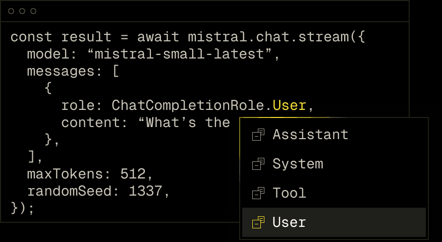 Example of type-safe SDK code with autocomplete and error checking, demonstrating how Speakeasy's SDKs provide comprehensive type safety for developers.