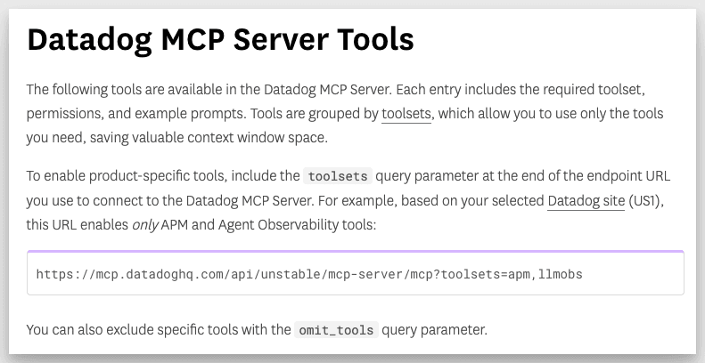 The Datadog MCP Server Tools documentation page, showing tools grouped into toolsets and a toolsets query parameter that scopes the endpoint URL to a subset of tools.