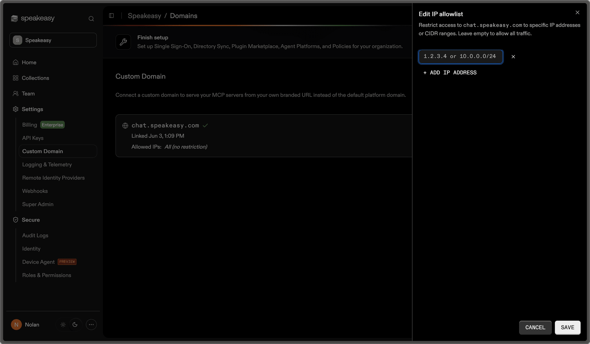 Editing the IP allowlist for a custom domain in Speakeasy's domain settings, restricting access to specific IP addresses or CIDR ranges.