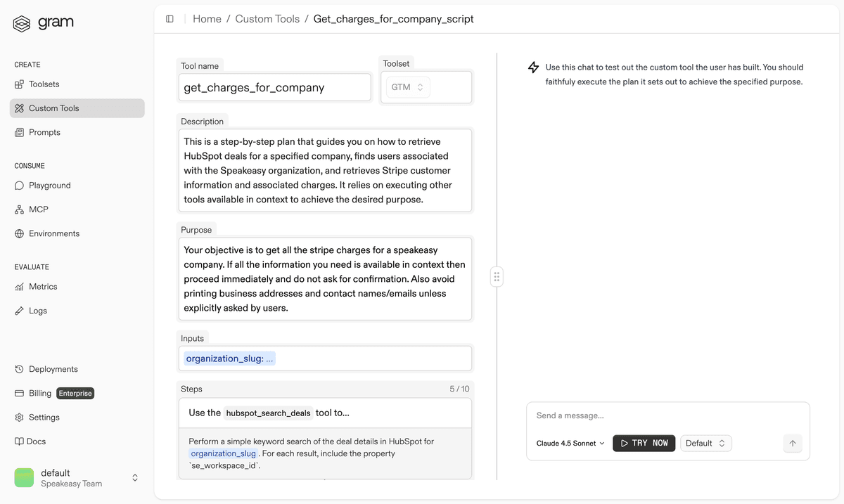 Custom tool builder showing workflow composition