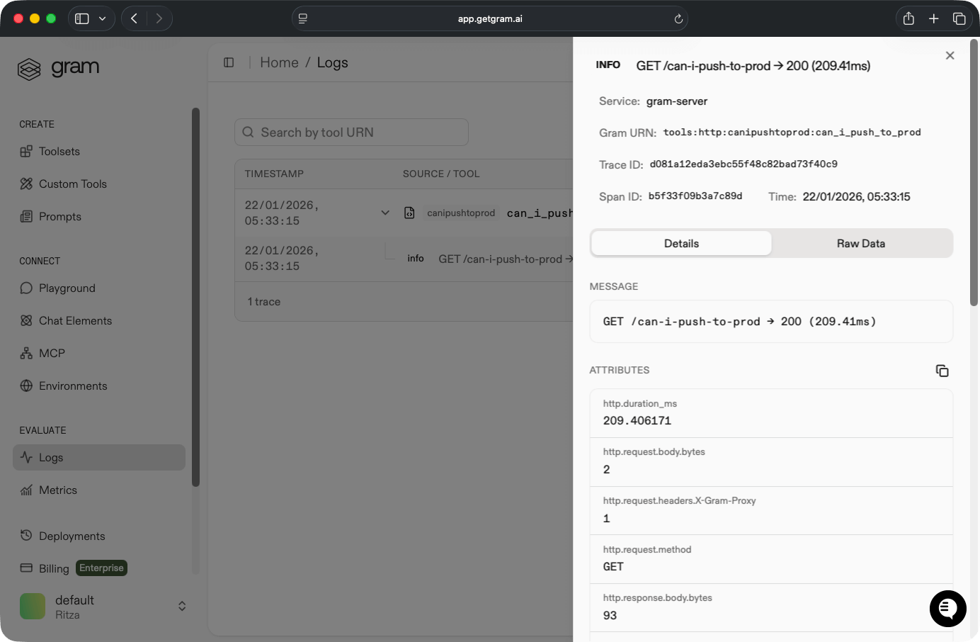Speakeasy log entry details showing tool call and response