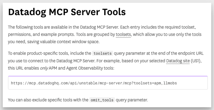 The Datadog MCP Server Tools documentation page, showing tools grouped into toolsets and a toolsets query parameter that scopes the endpoint URL to a subset of tools.
