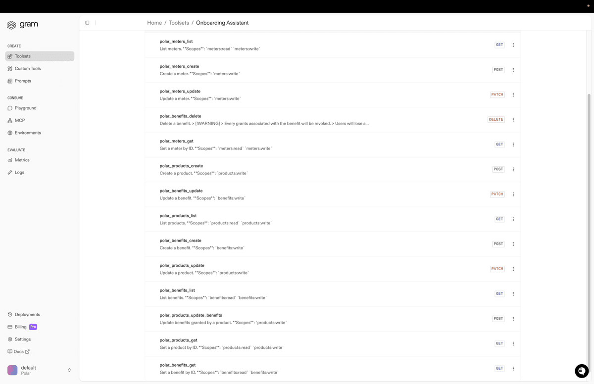 List of Polar's tools in the Gram UI