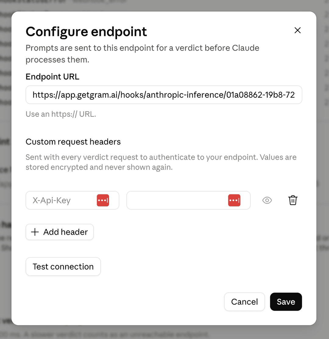 Anthropic Admin inference hook settings with the endpoint URL and Test connection control