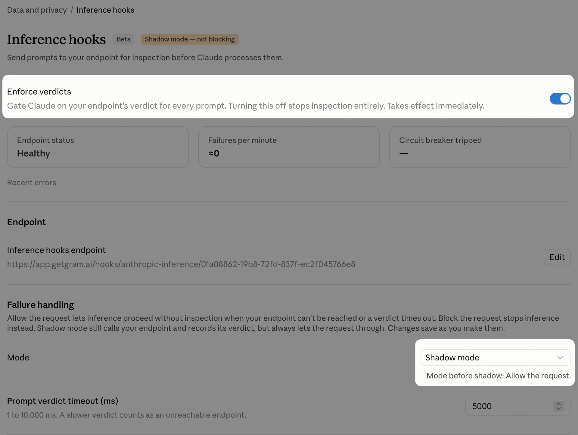 Anthropic inference hook enforcement settings with Enforce verdicts, Shadow mode, timeout, and request inspection controls