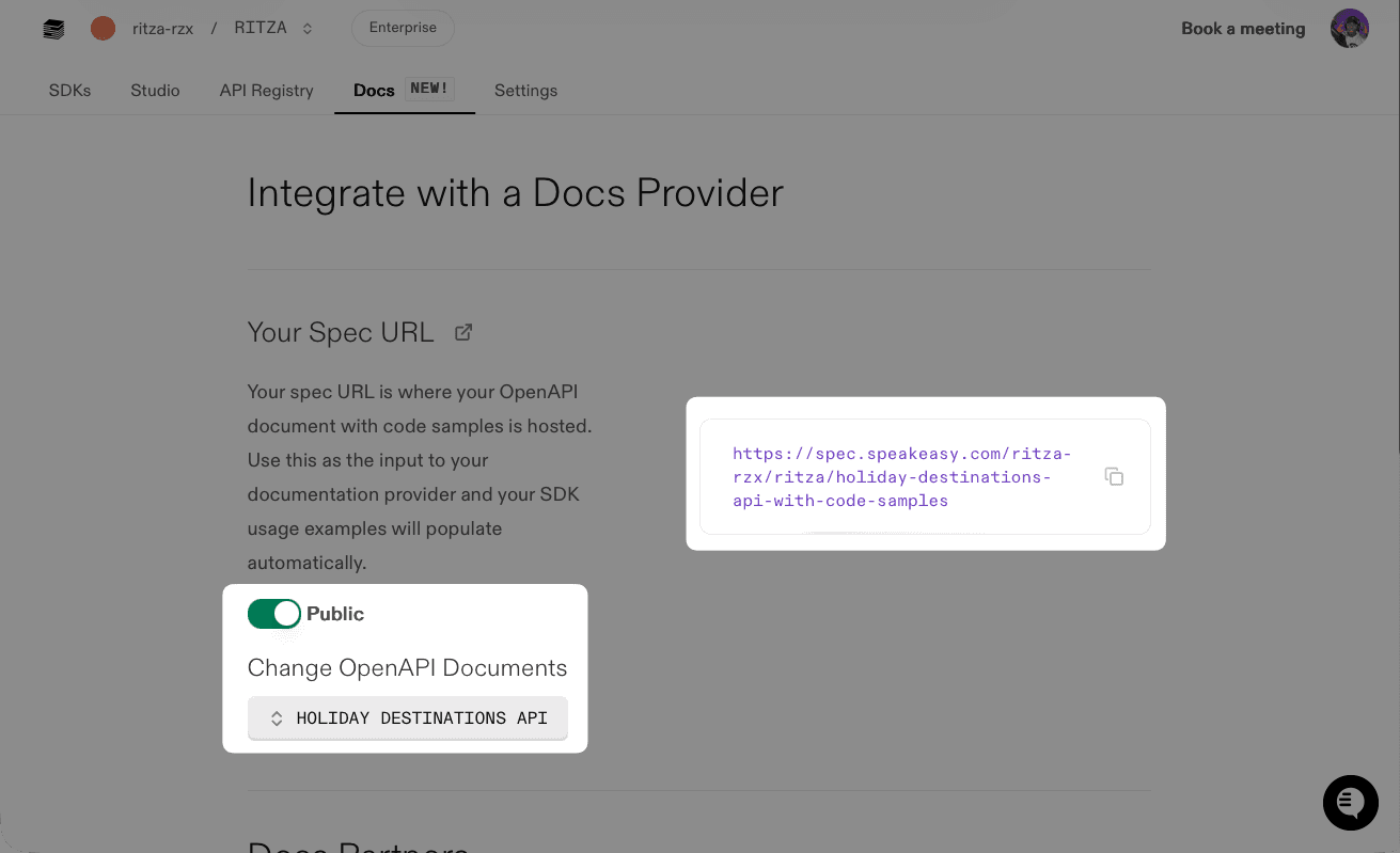 Screenshot showing the Integrate with a Docs Provider page with the Spec URL to copy