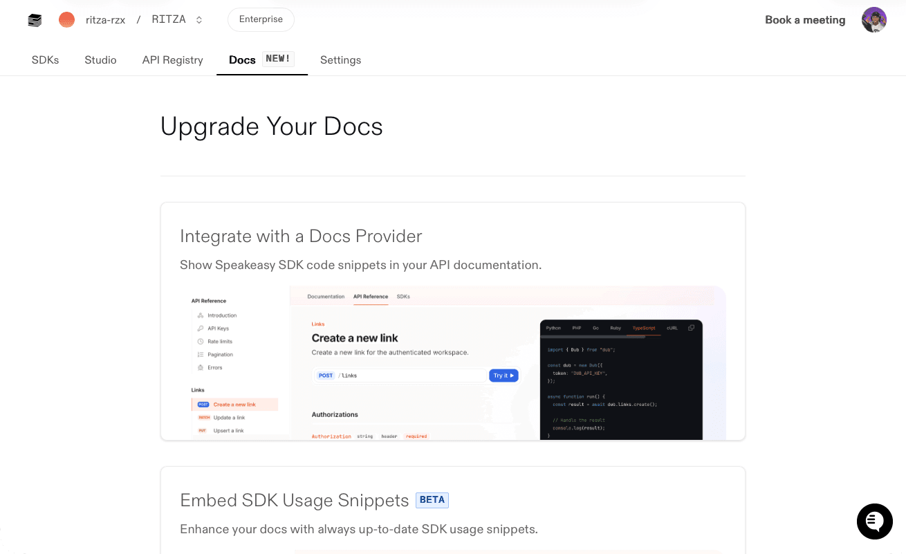 Screenshot showing the Speakeasy Dashboard Docs tab with Integrate with a Docs Provider option