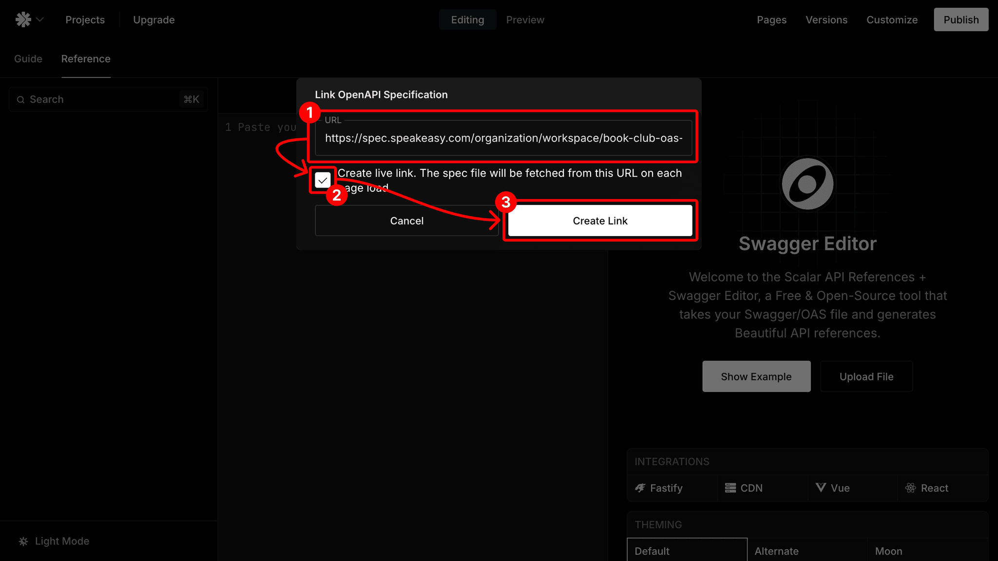 Screenshot of the Scalar page where the public URL from Speakeasy is added