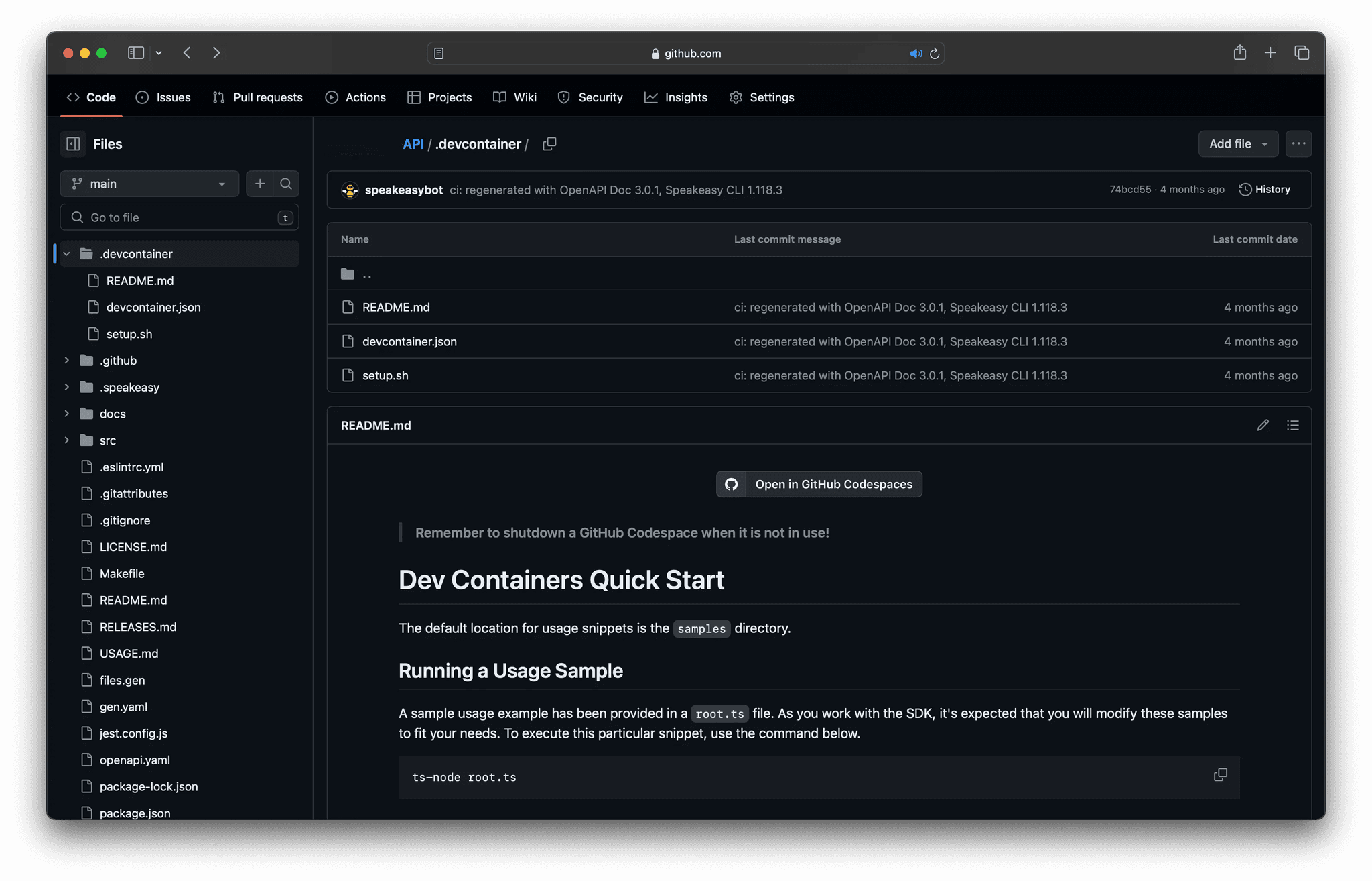 Screenshot of a README featuring a dev container badge