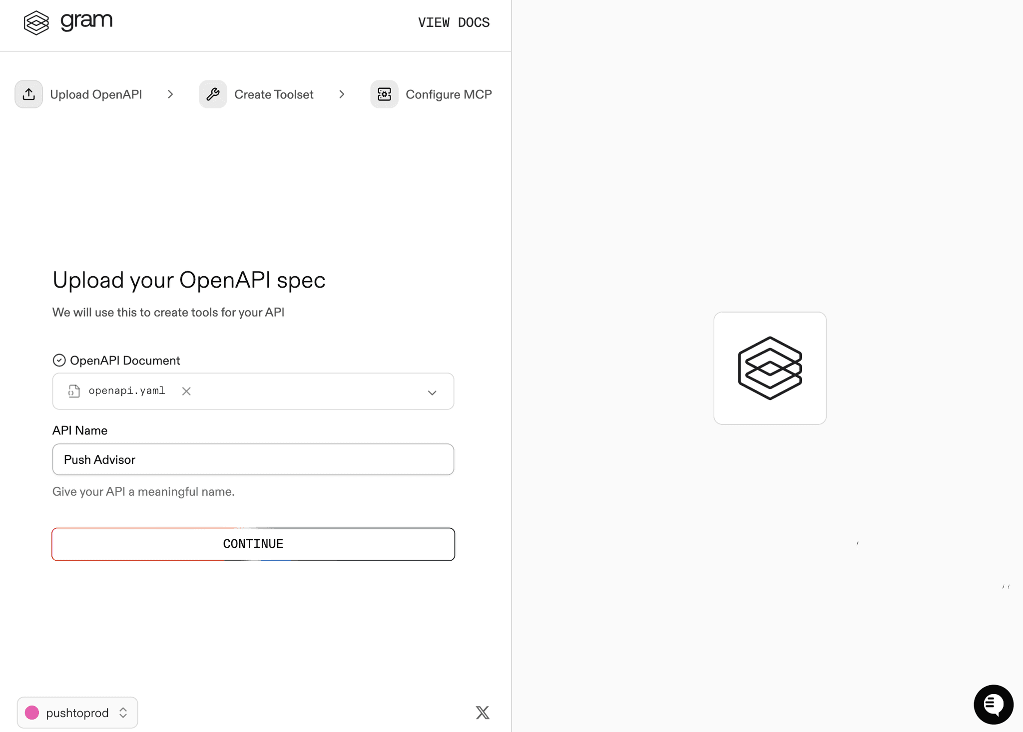 Screenshot of the upload your OpenAPI document dialog