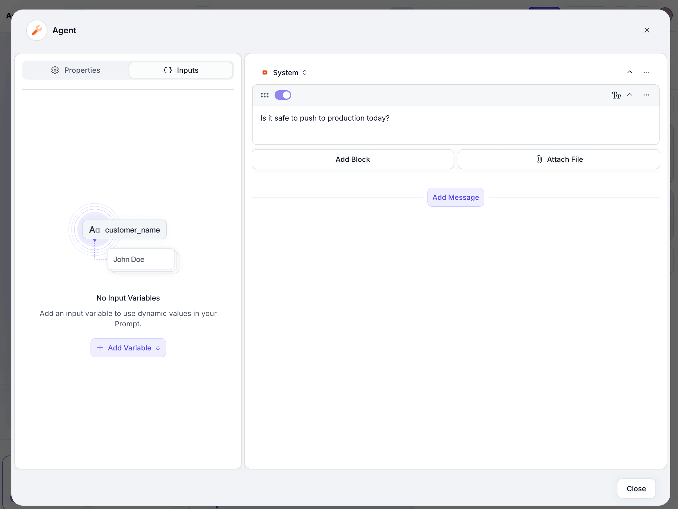 Screenshot of adding a system prompt to the agent