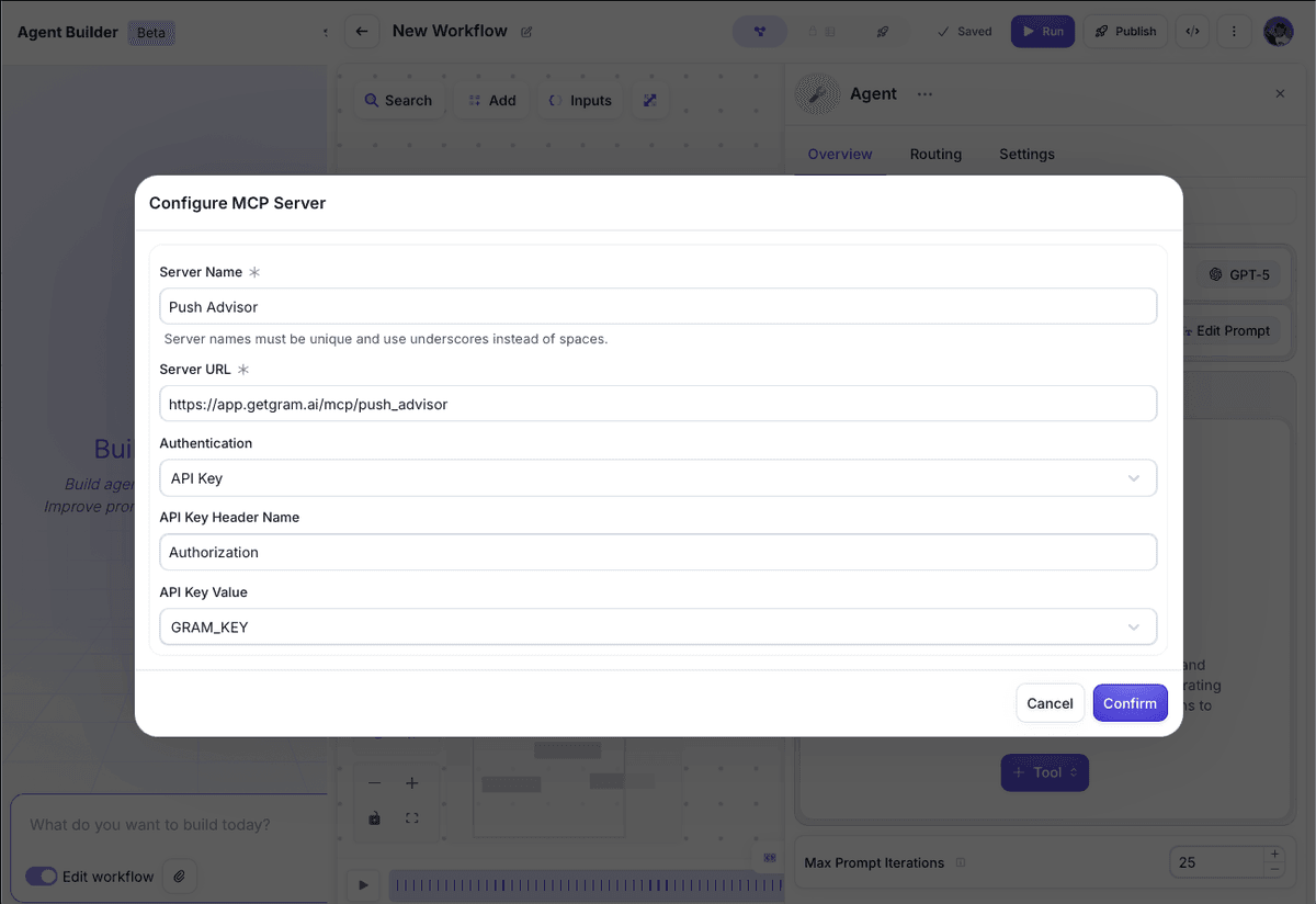 Screenshot of the MCP server configuration modal in Vellum