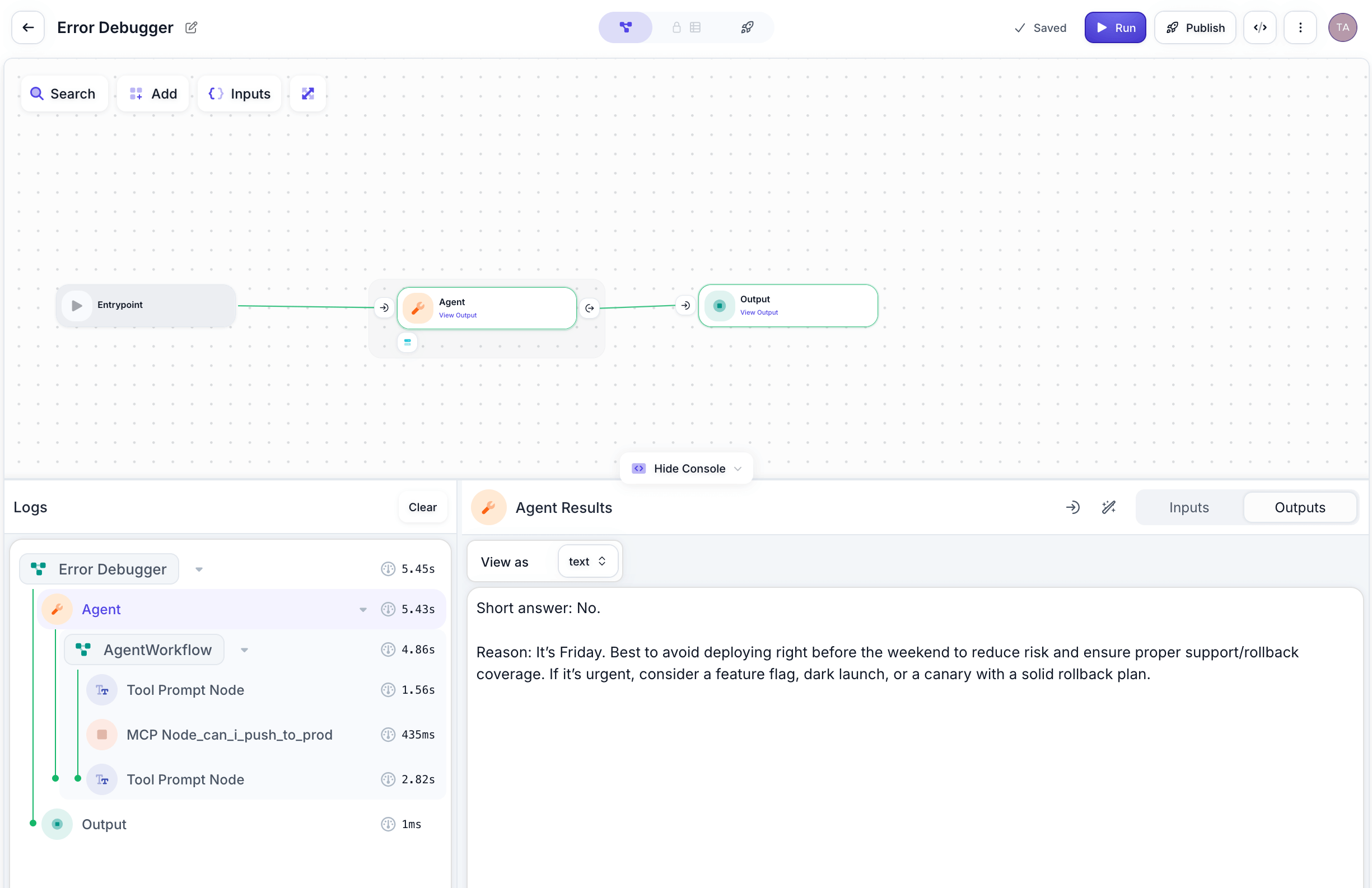 Screenshot of the Workflow response showing the agent output