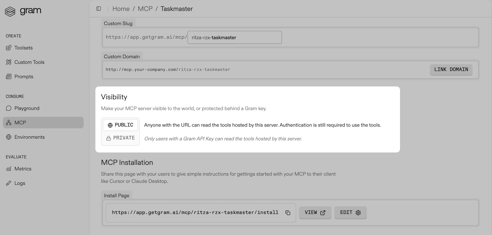 Screenshot of the MCP details page