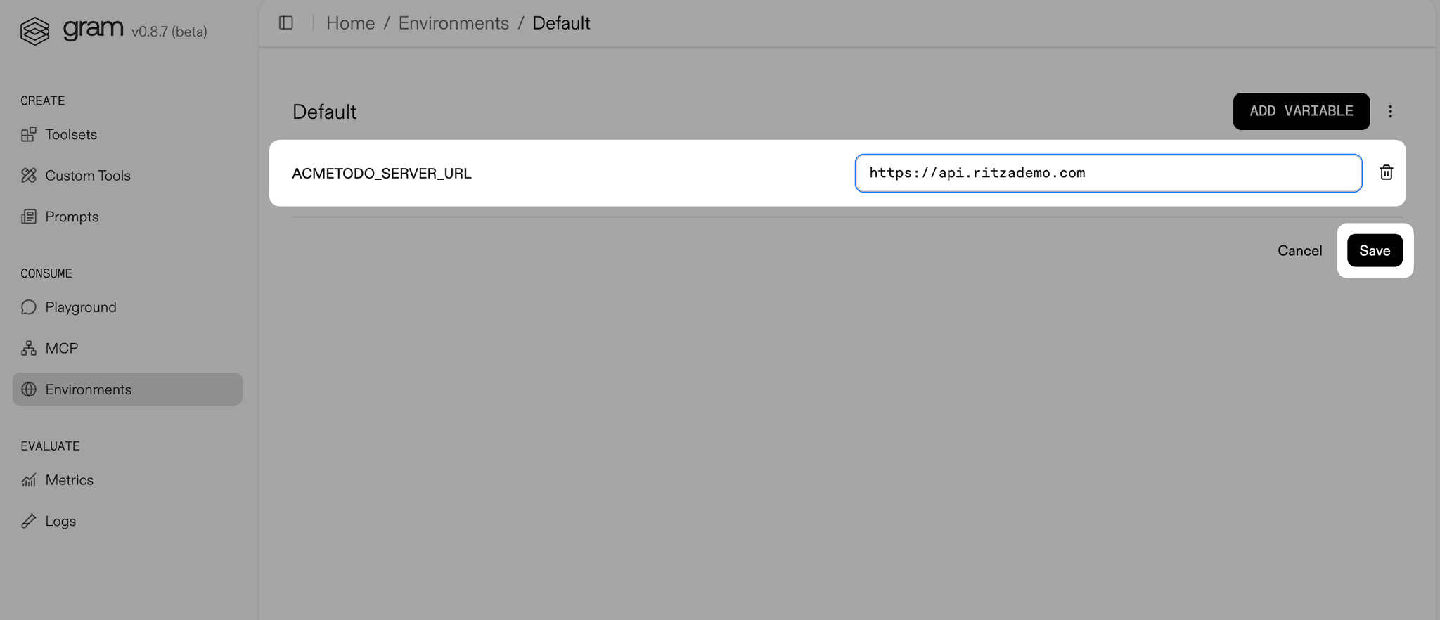 Screenshot showing setting the server URL environment variable