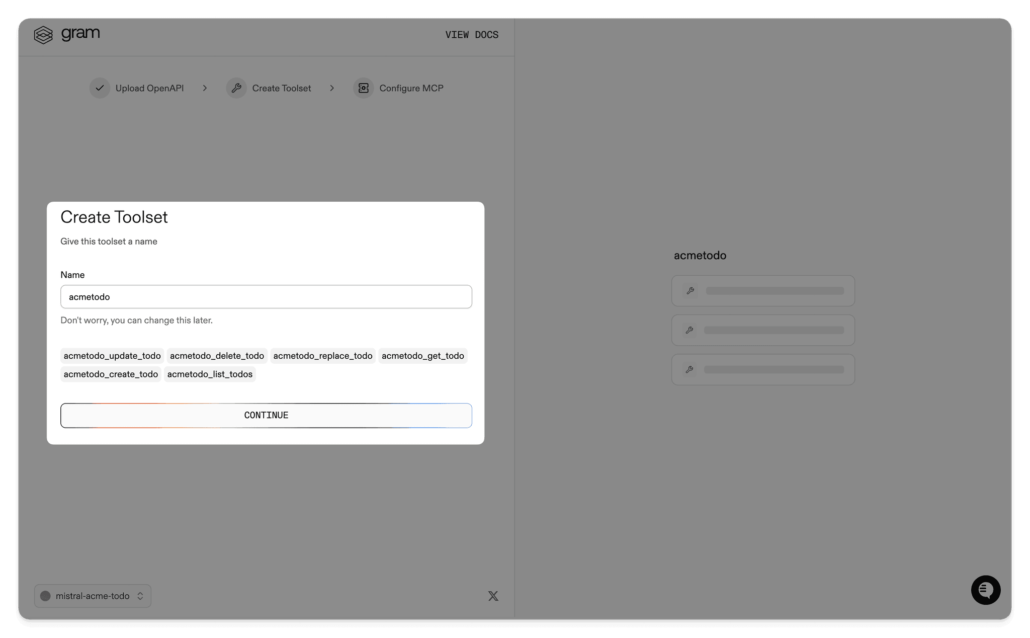 Screenshot of the create toolset dialog