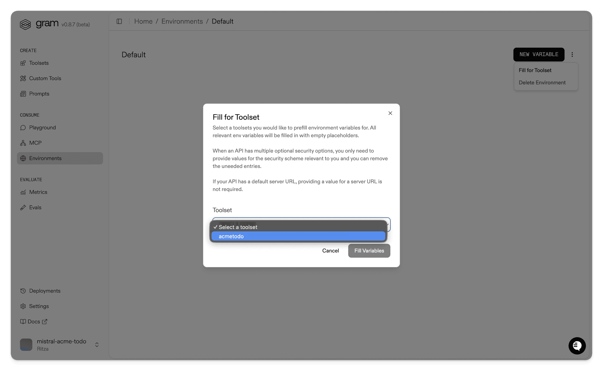 Screenshot showing the fill for toolset dialog to automatically populate required variables